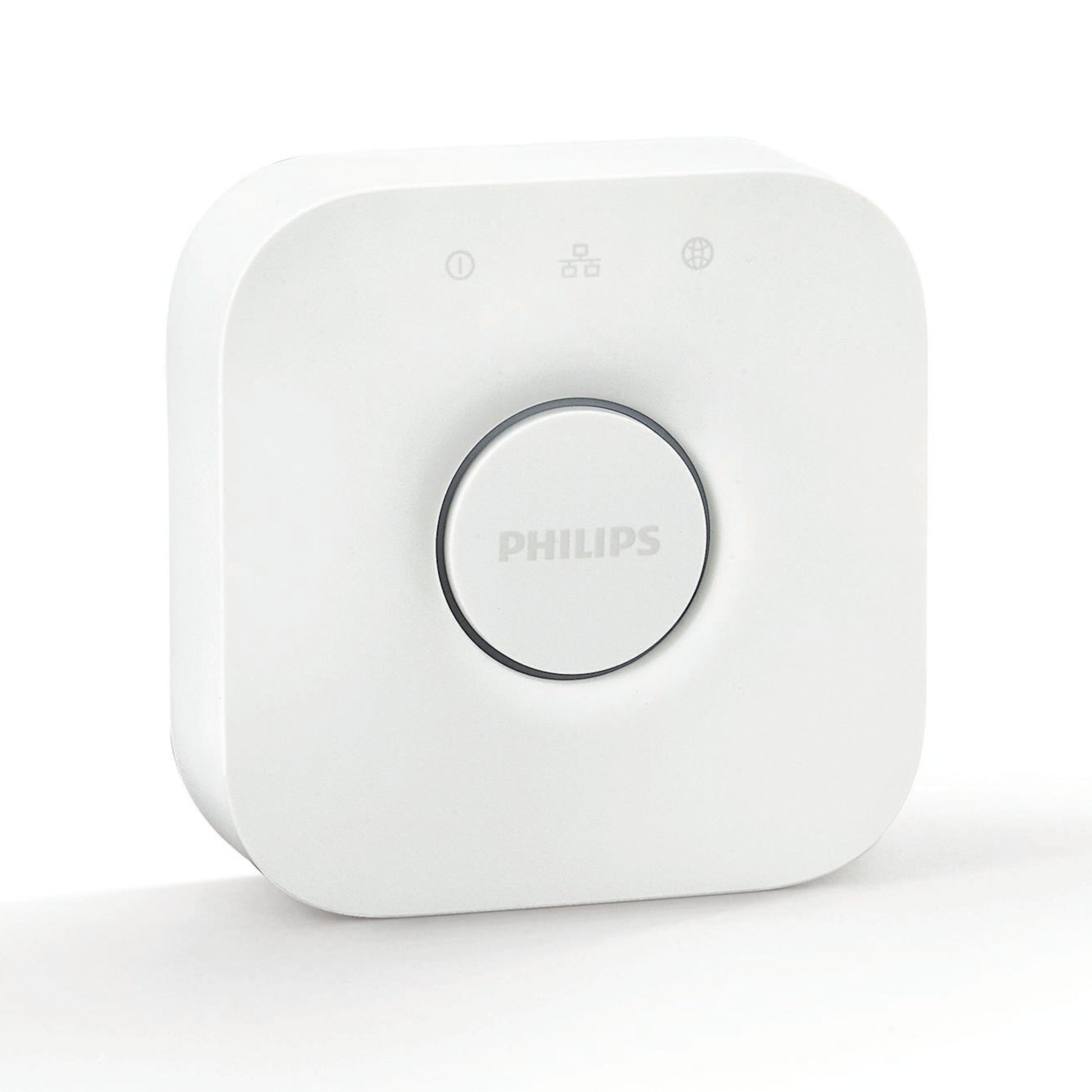 Philips Hue Bridge hvid, kvadratisk med afrundede kanter og central knap til smart home og belysningsstyring.