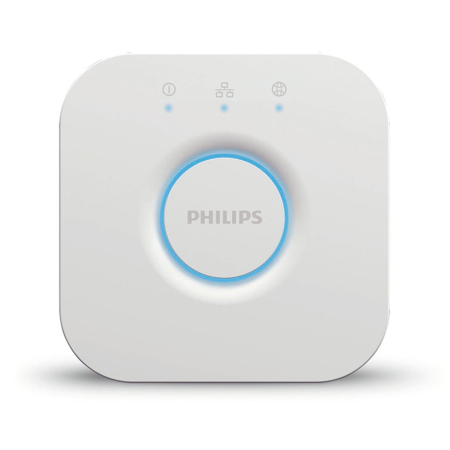 Philips Hue Bridge, hvid, kvadratisk smart home hub med afrundede hjørner, rund knap med blå LED-ring, tre indikatorlys.