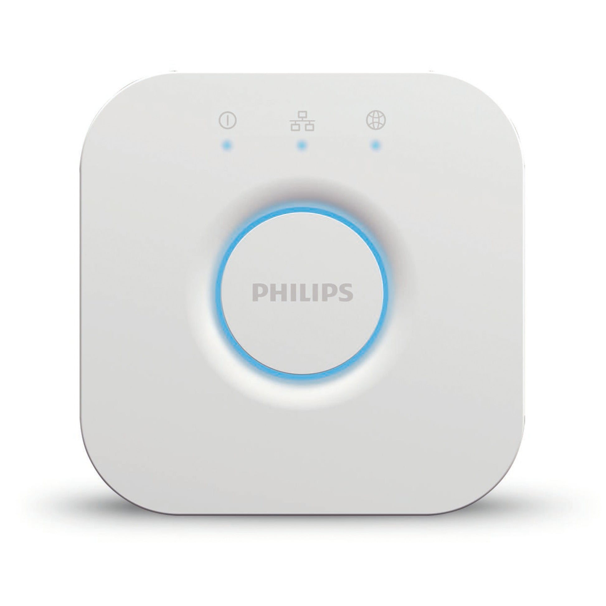 Philips Hue Bridge, hvid, kvadratisk smart home hub med afrundede hjørner, rund knap med blå LED-ring, tre indikatorlys.