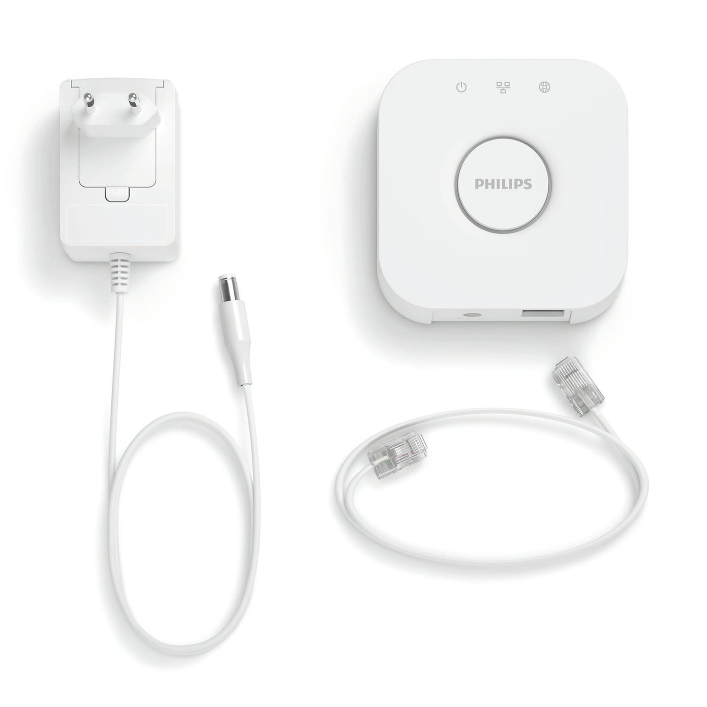 Philips Hue Bridge smart home hub med EU-strømforsyning, Ethernet-port og kabel, hvid.