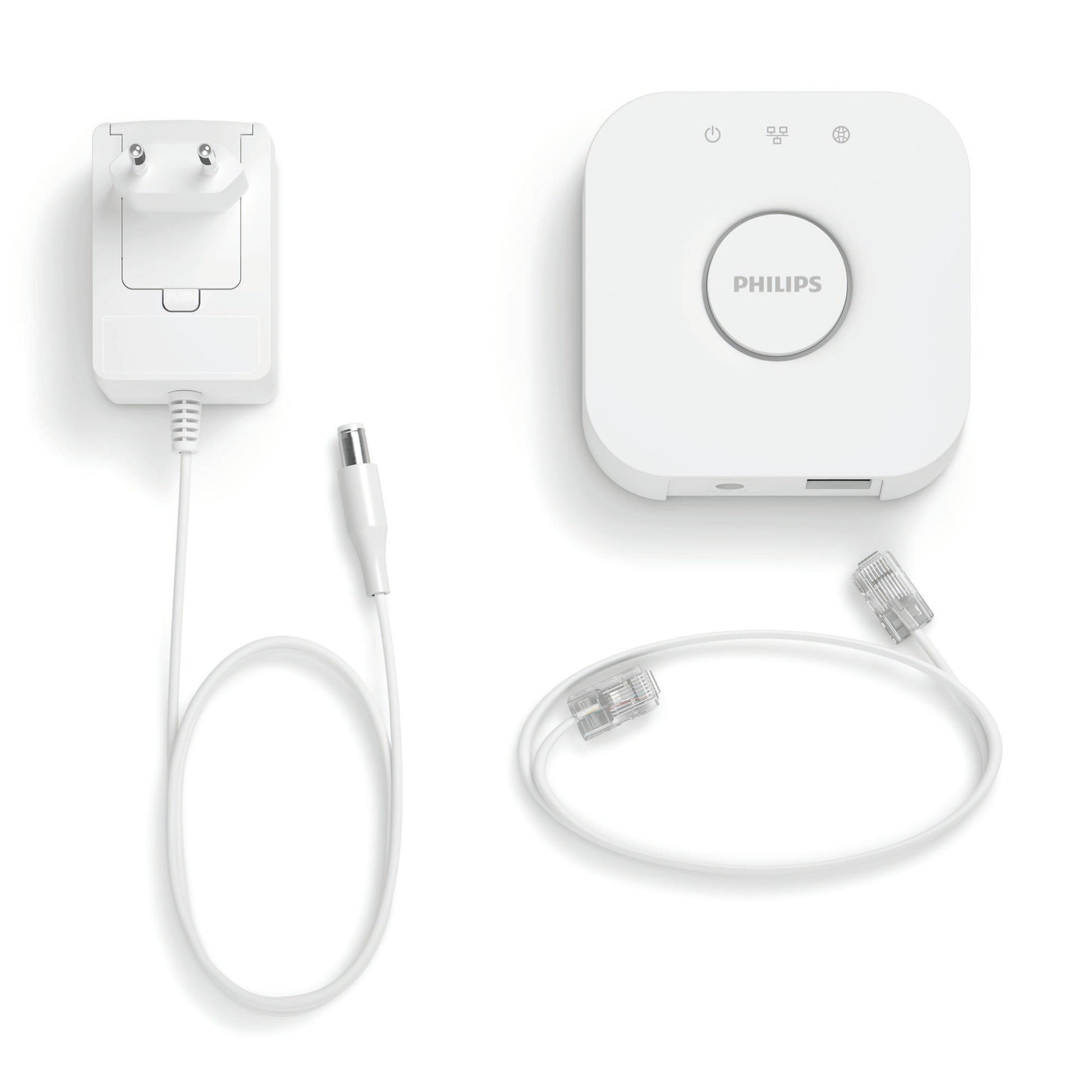 Philips Hue Bridge smart home hub med EU-strømforsyning, Ethernet-port og kabel, hvid.