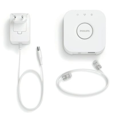 Philips Hue Bridge smart home hub med EU-strømforsyning, Ethernet-port og kabel, hvid.