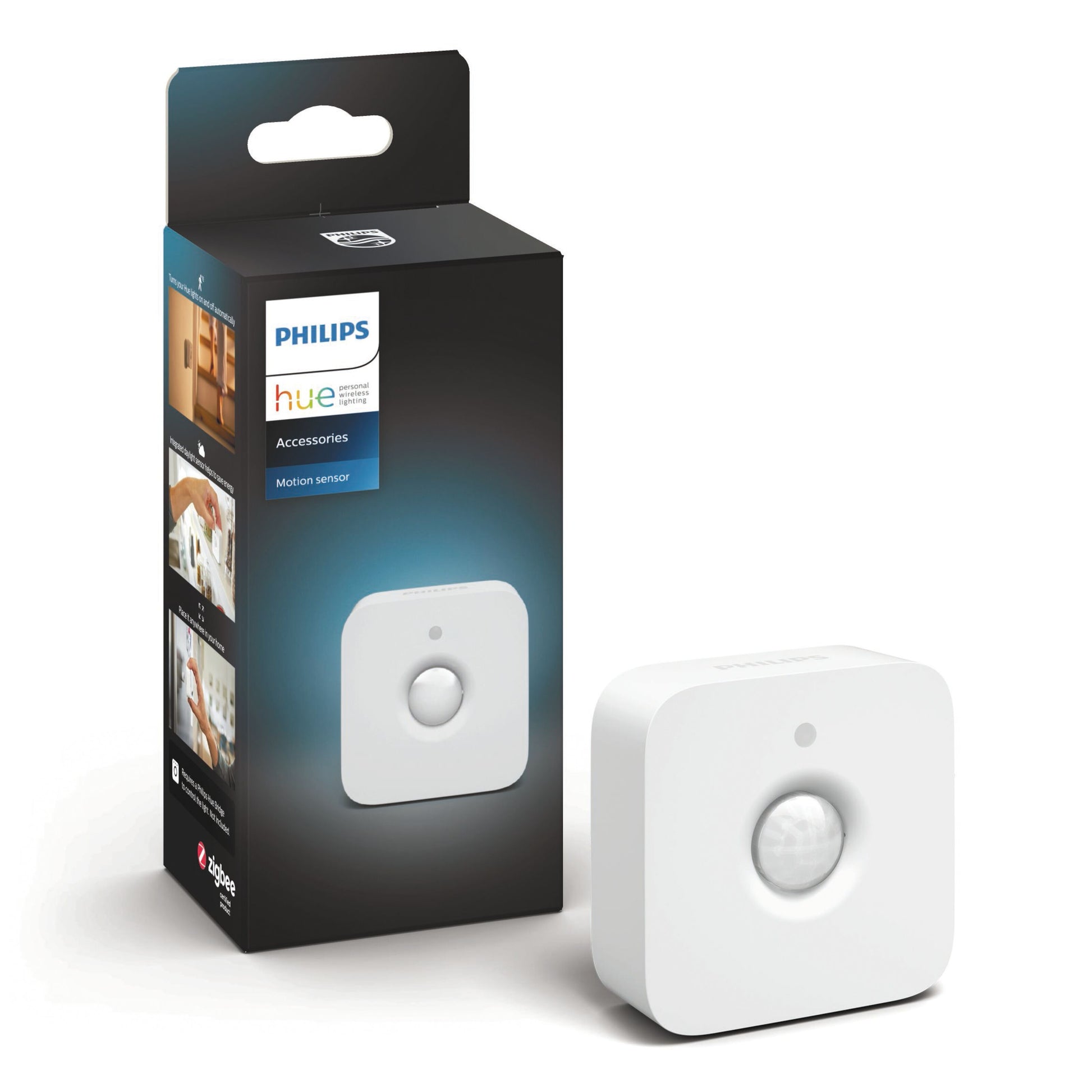 Philips Hue Motion Sensor i mørk æske med logo og Zigbee, kompakt PIR-sensor til indendørs smart belysning.