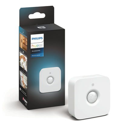 Philips Hue Motion Sensor i mørk æske med logo og Zigbee, kompakt PIR-sensor til indendørs smart belysning.