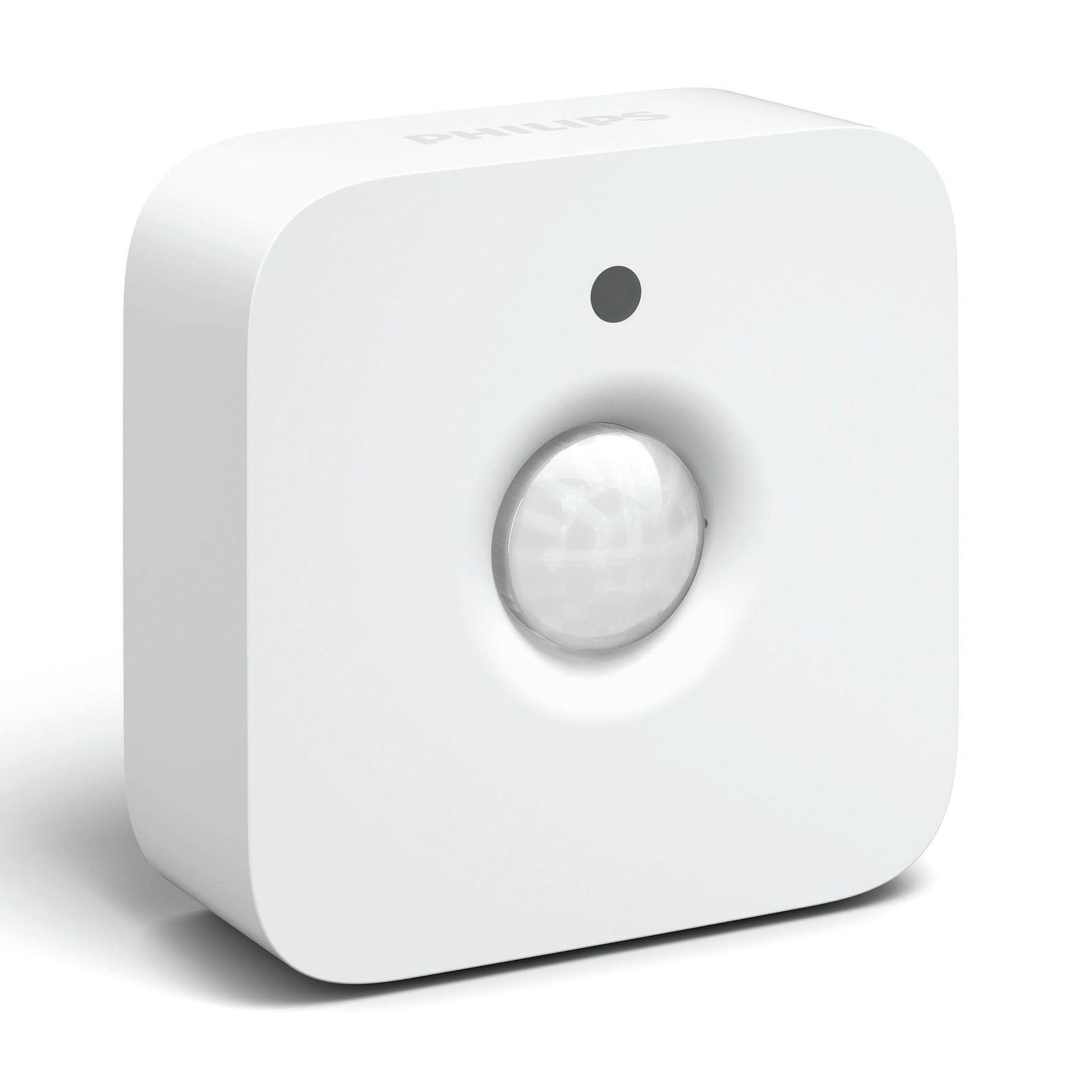 Philips Hue Motion Sensor, hvid, afrundet firkant med centreret cirkulær linse og øverst LED.