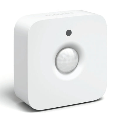 Philips Hue Motion Sensor, hvid, afrundet firkant med centreret cirkulær linse og øverst LED.