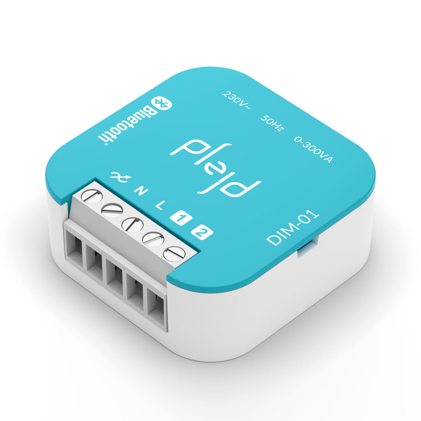 Plejd Bluetooth dæmpningsmodtager 300 W, blå/hvid, firkantet med fire terminaler og el-specs på toppen til skjult montage.