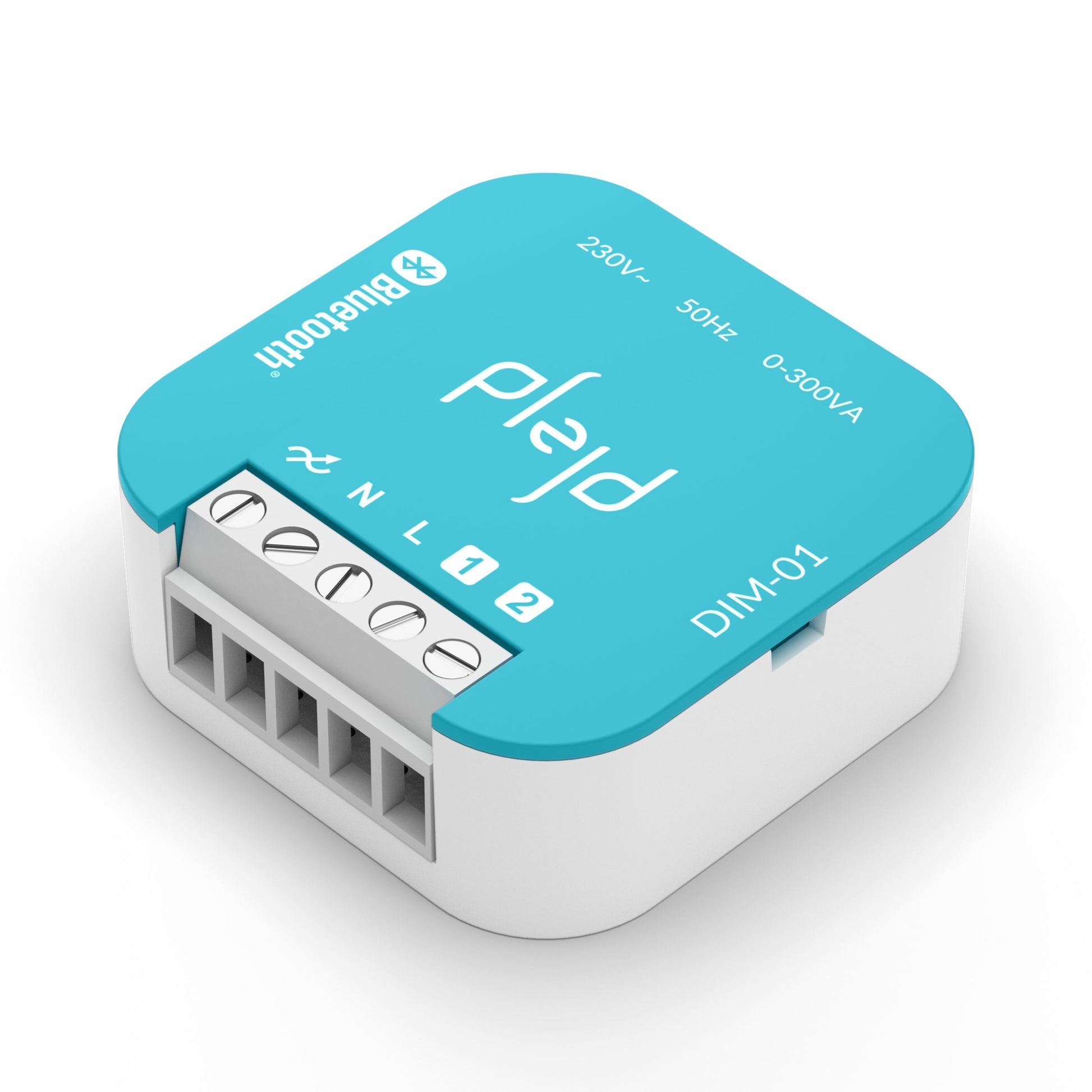 Plejd Bluetooth dæmpningsmodtager 300 W, blå/hvid, firkantet med fire terminaler og el-specs på toppen til skjult montage.