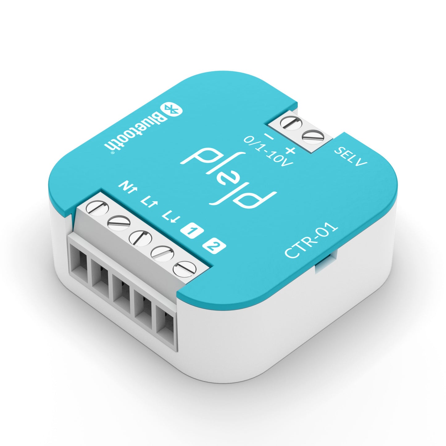 Plejd indbygget Bluetooth-fjernstrømafbryder 3500 W, kvadratisk enhed med tilslutningsterminaler til skjult montering.