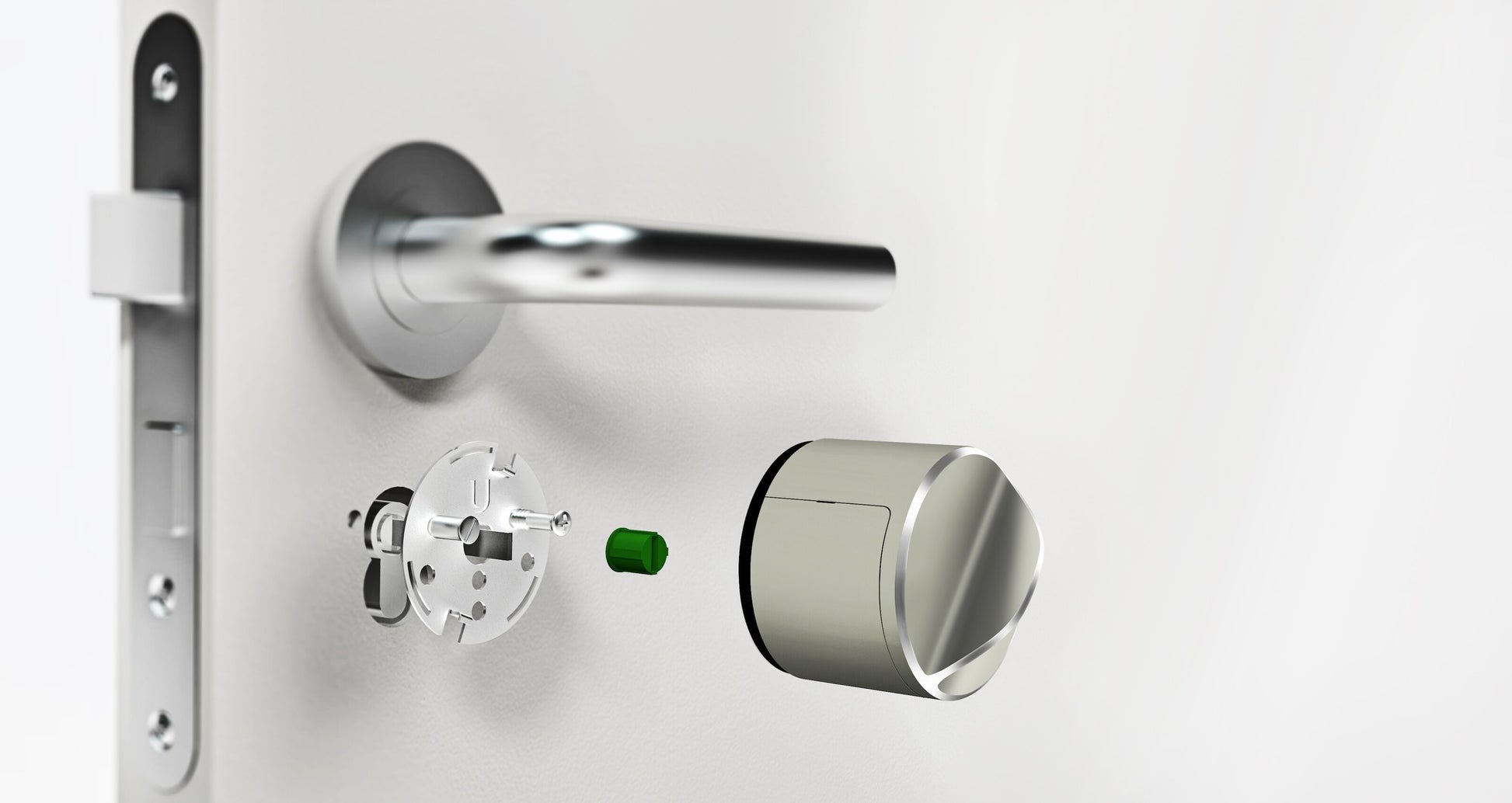 Danalock V3 Scandi elektronisk dørlås, kromgreb, sølv låsemekanisme, grøn cylinder, Bluetooth Z-wave.