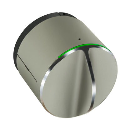 Danalock V3 Scandi elektronisk dørlås sølv, cylinderformet, stor sølv drejeknap, grøn LED, Bluetooth og Z-Wave.