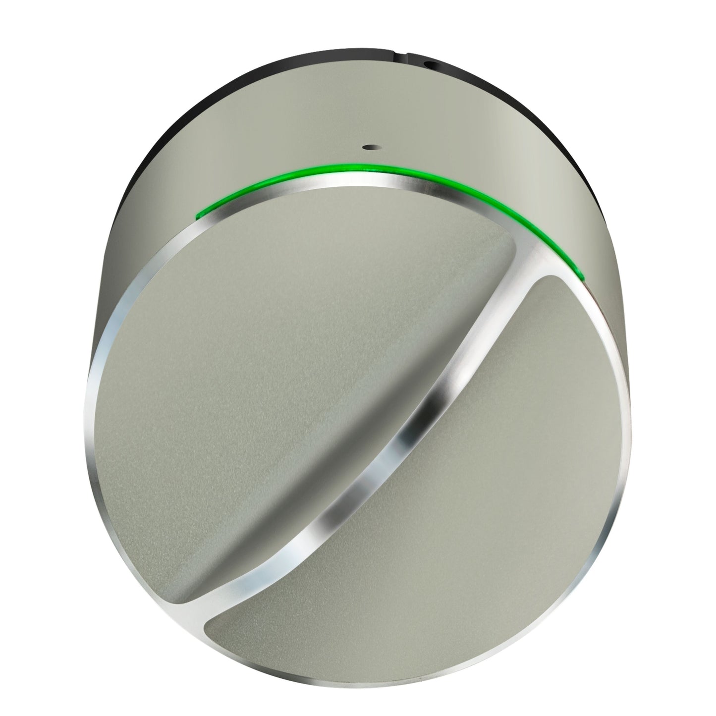 Danalock V3 Scandi elektronisk dørlås, rund sølv med kromdetalje og grøn LED-bue, Bluetooth og Z-wave.