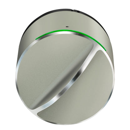 Danalock V3 Scandi elektronisk dørlås, rund sølv med kromdetalje og grøn LED-bue, Bluetooth og Z-wave.