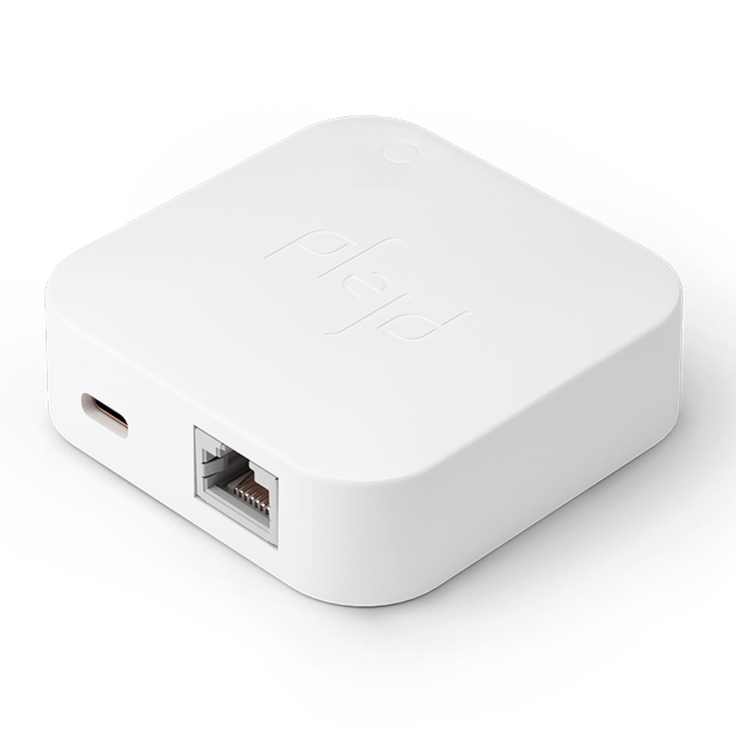 Plejd Gateway, hvid, kvadratisk med afrundede hjørner, Ethernet- og USB-C-port på siden, diskret logo på toppen.