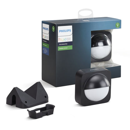 Philips Hue udendørs bevægelsessensor sort, til styring af udendørs lys med Philips Hue, inkl. monteringsdele.