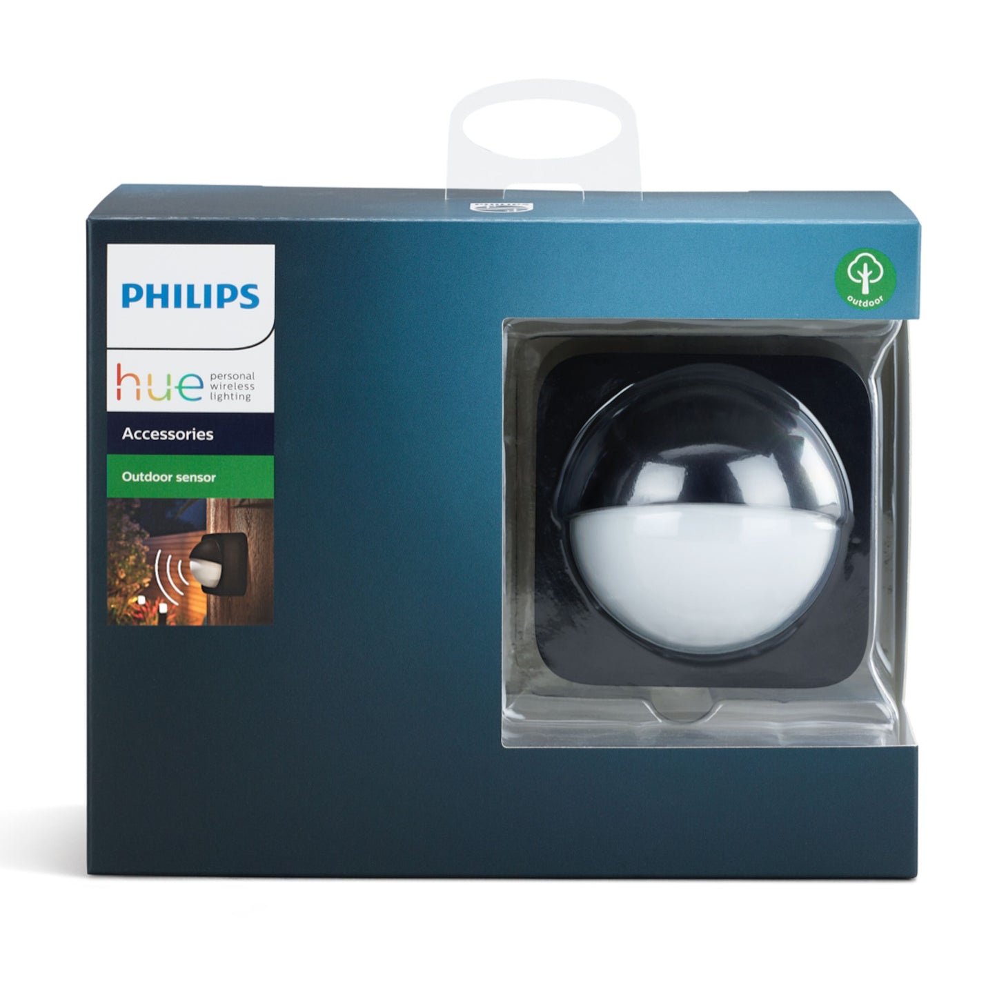 Philips Hue udendørs bevægelsessensor i original blå emballage med sort og hvid rund sensor synlig gennem plastvindue.