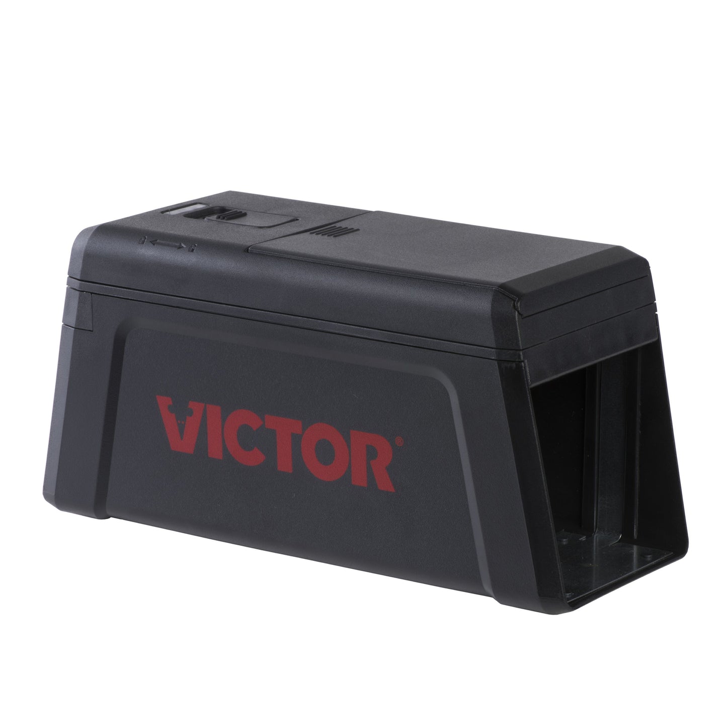 Victor Elektrisk musefælde, sort rektangulær fælde med åben indgang og rødt Victor-logo.
