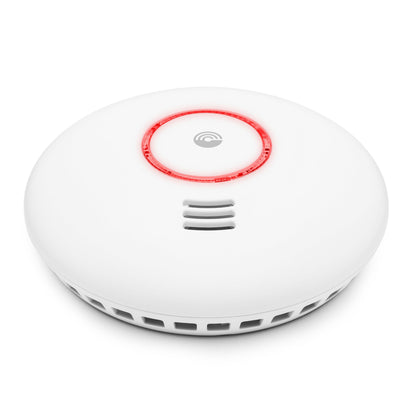 Cleverio Smart røg- og varmedetektor, rund med centergrill og rød ring, til loft/væg, WiFi-alarmsystem integration.