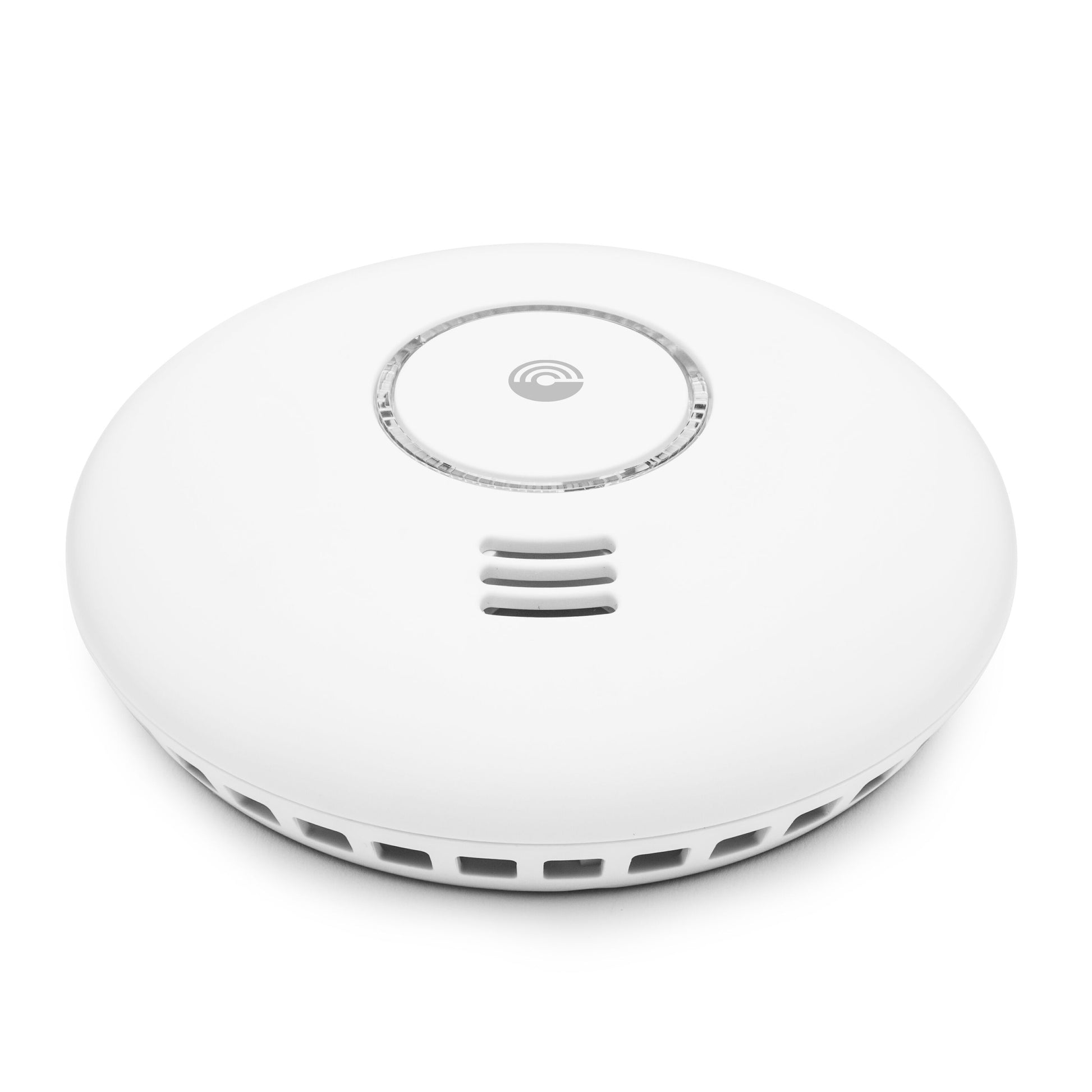 Cleverio Smart røg- og varmedetektor, hvid, rund med centralt cirkulært sensorfelt og små ventilationsåbninger, set fra siden.