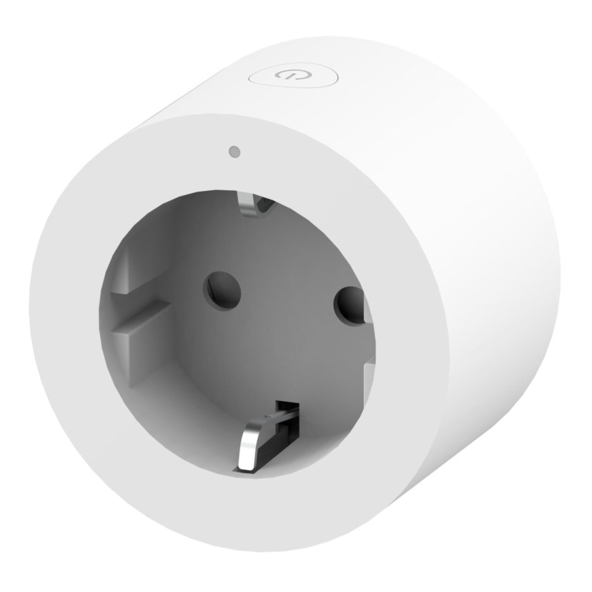 Aqara Smart stikprop, hvid, rund, Zigbee-understøttelse, power-knap symbol på toppen og standard europæisk stikdåse.