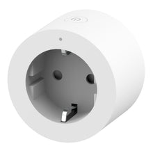 Aqara Smart stikprop, hvid, rund, Zigbee-understøttelse, power-knap symbol på toppen og standard europæisk stikdåse.