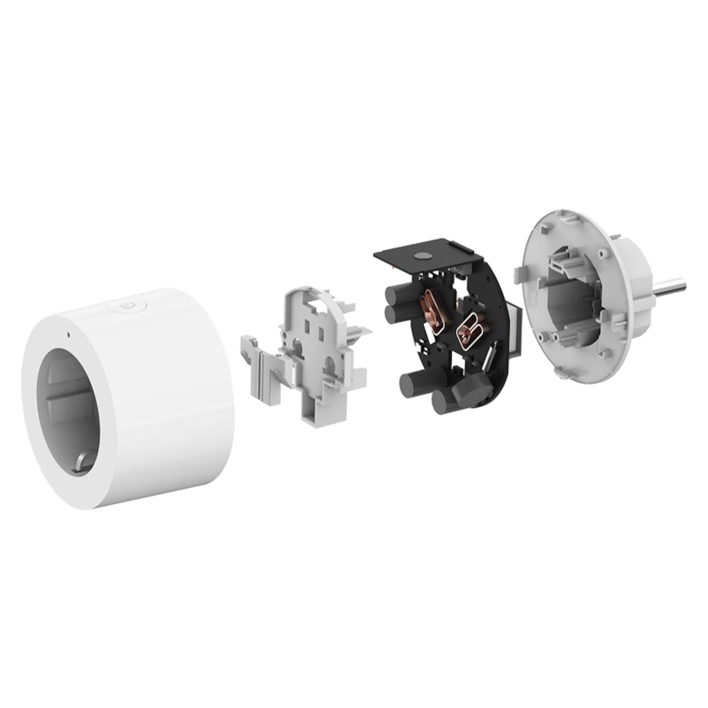 Aqara Smart stikprop Zigbee, cylinderformet, hvidt kabinet, metal- og plastdele, printplade og stik vist i eksploderet visning.