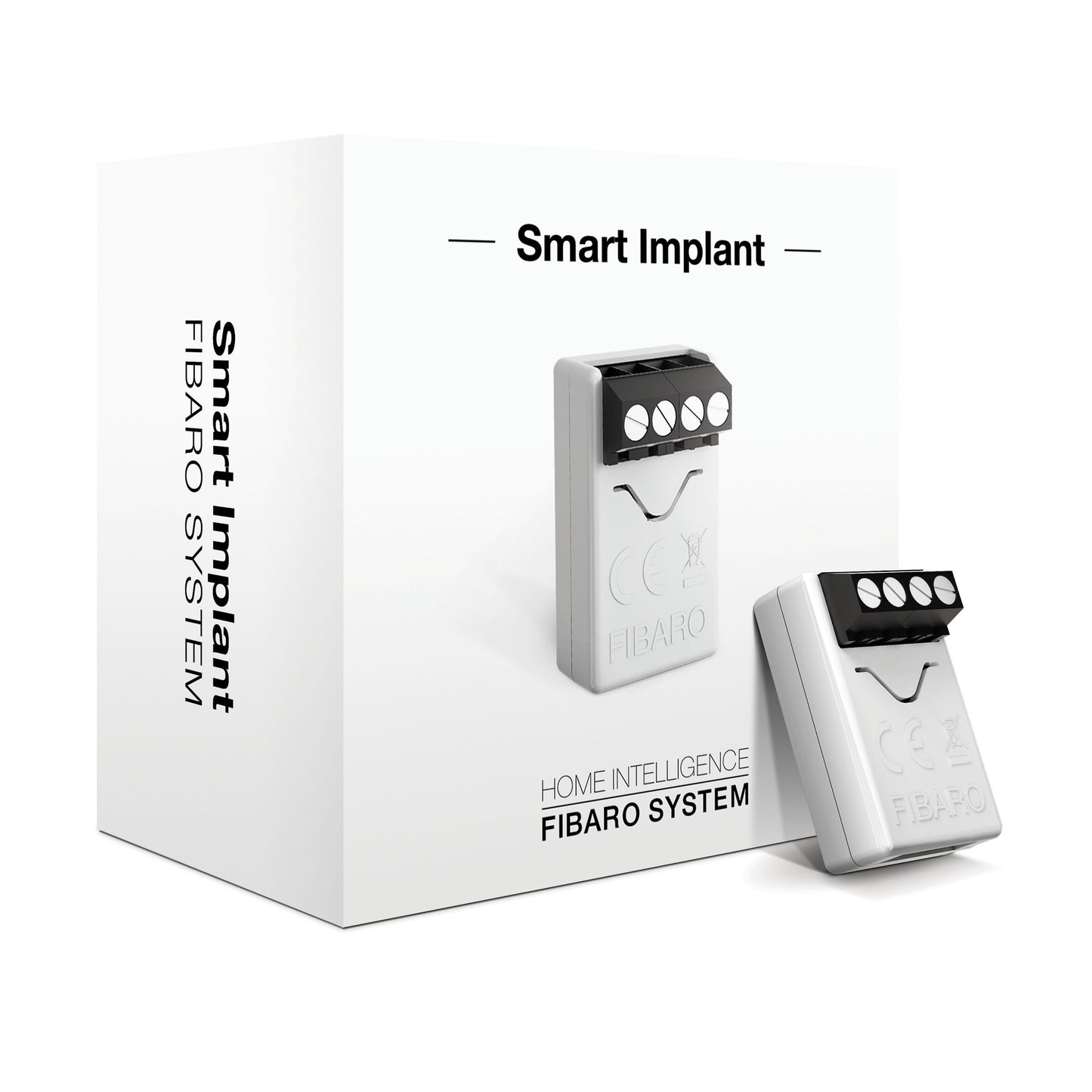 Fibaro Smart Implant Z-wave-enhed, grå enhed med fire terminalforbindelser på toppen, inklusive mærket emballage.