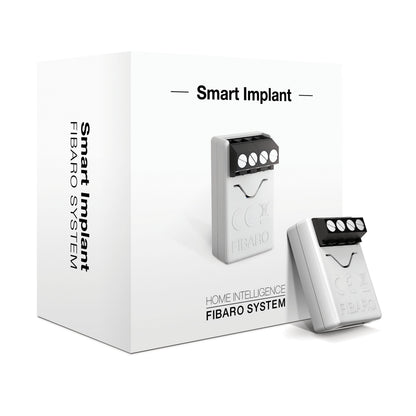 Fibaro Smart Implant Z-wave-enhed, grå enhed med fire terminalforbindelser på toppen, inklusive mærket emballage.