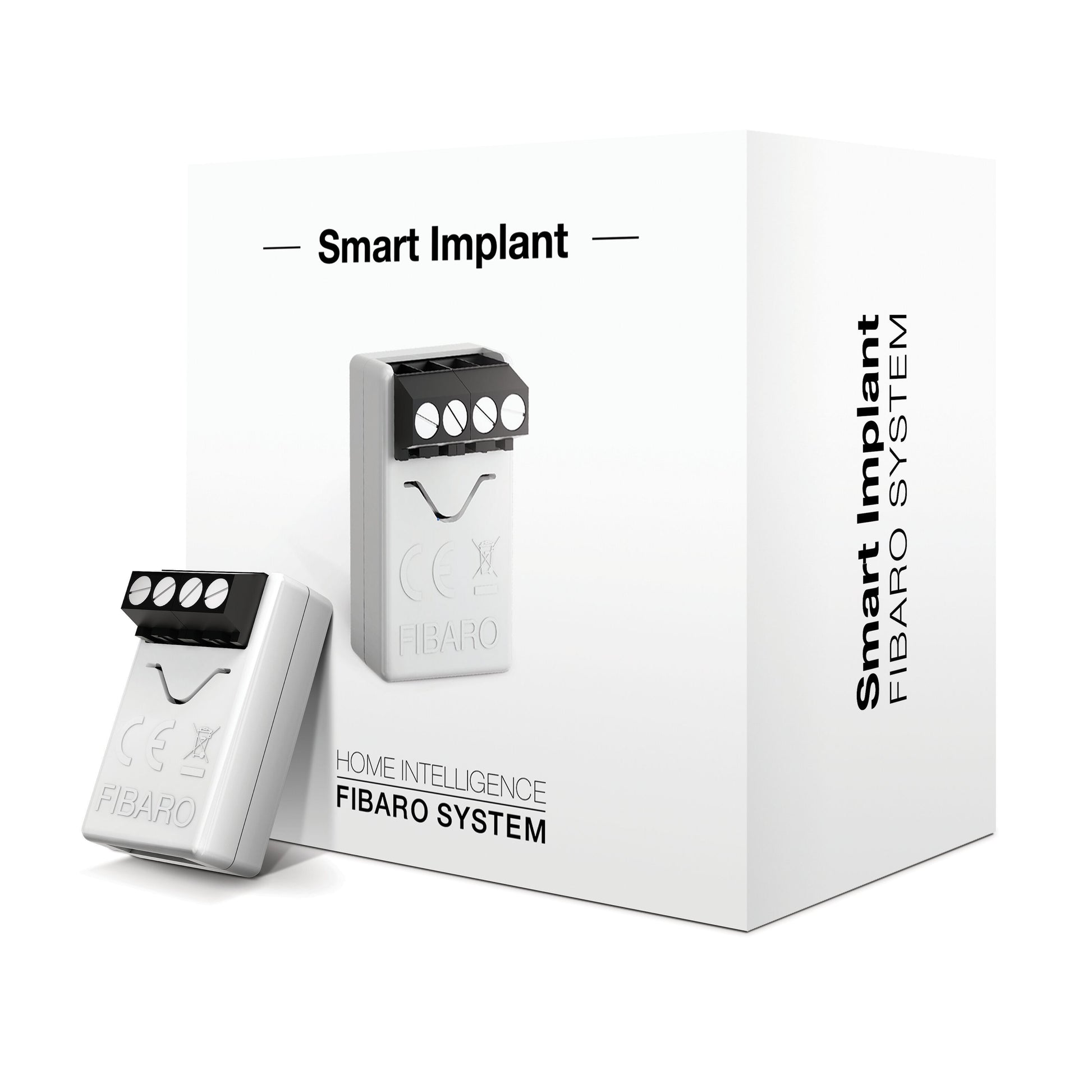 Fibaro Smart Implant Z-wave-enhed med original emballage, sort produktnavn og Fibaro-logo synligt på kassen.