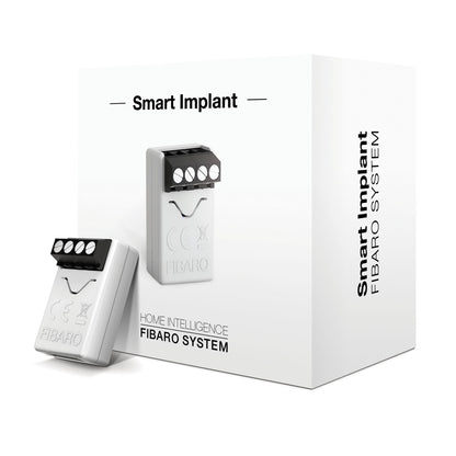 Fibaro Smart Implant Z-wave-enhed med original emballage, sort produktnavn og Fibaro-logo synligt på kassen.