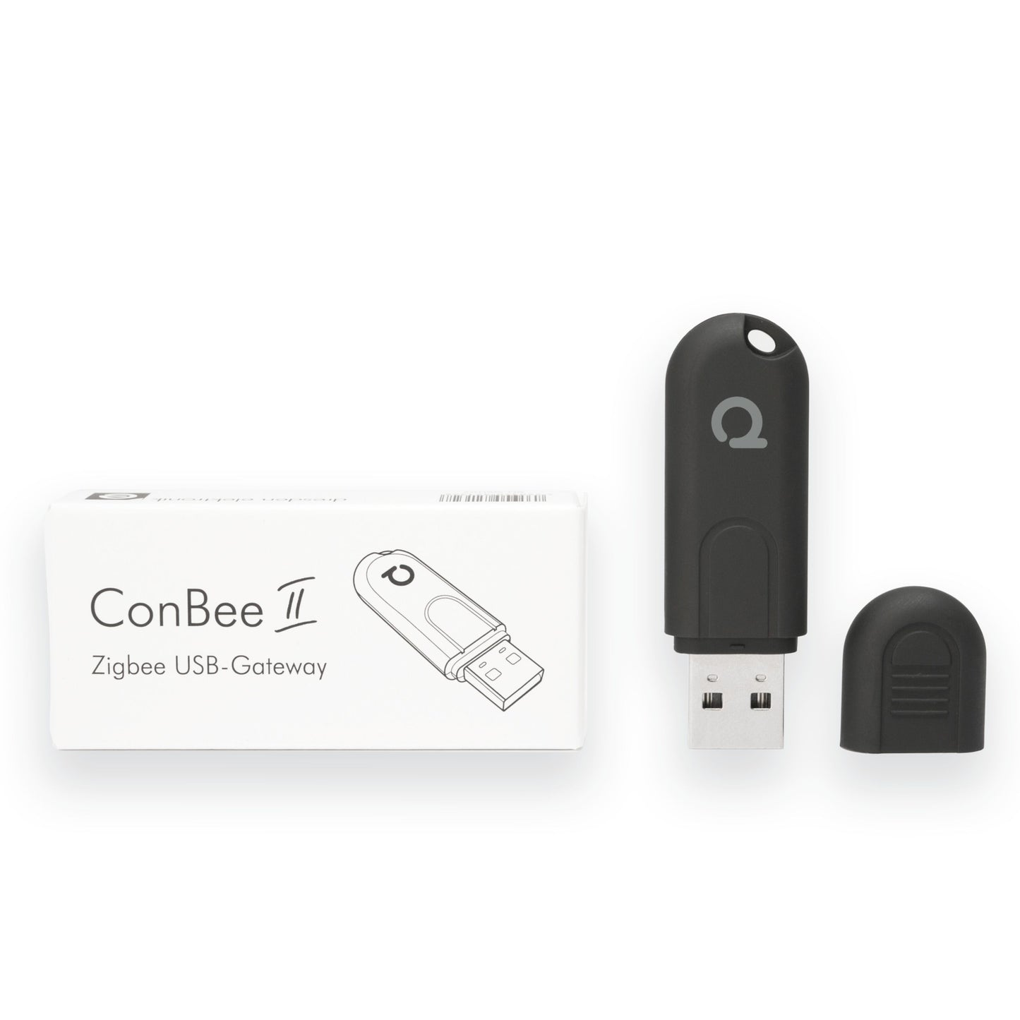 Sort Conbee II Zigbee USB-controller uden hætte ved siden af æske markeret med Conbee II Zigbee USB-Gateway.