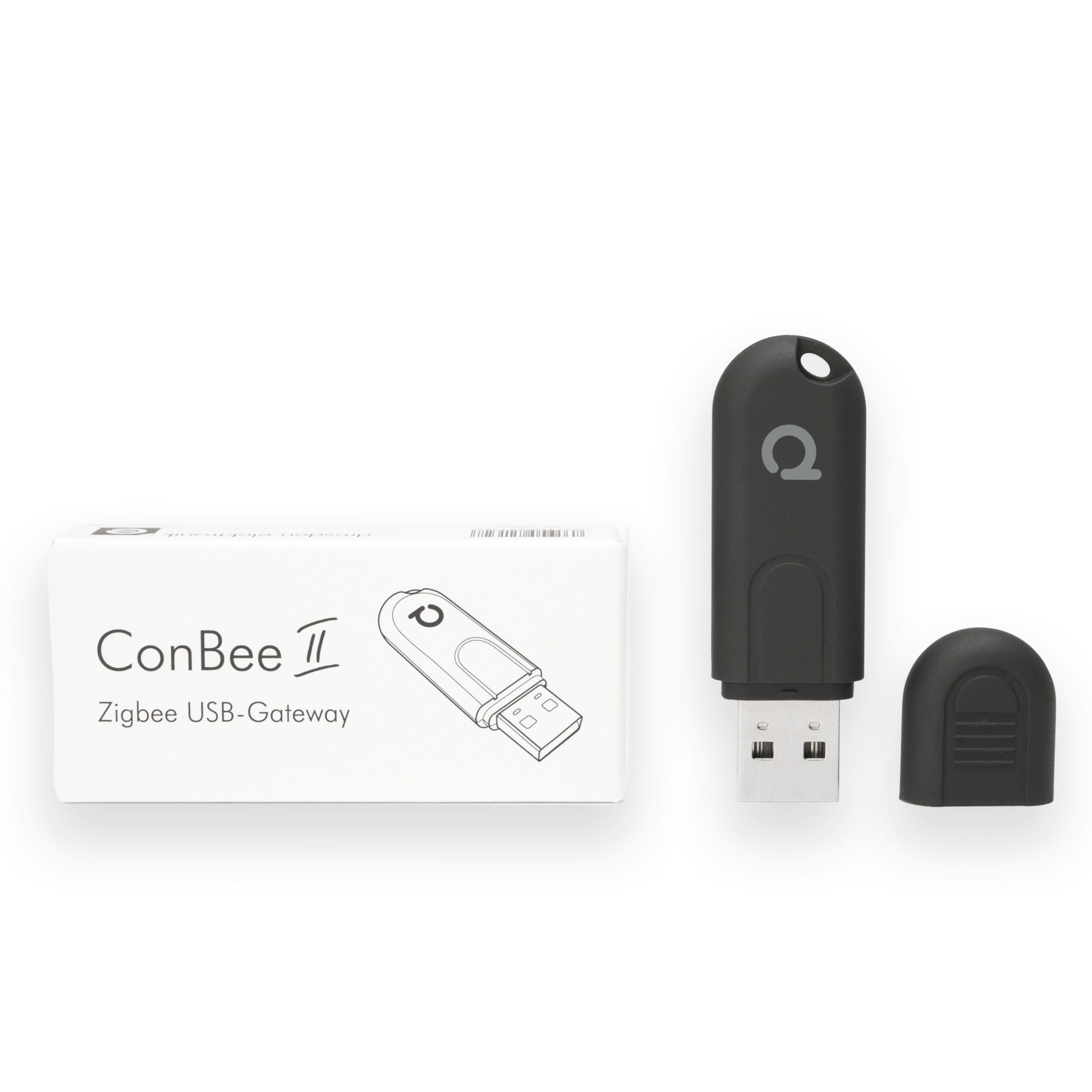Sort Conbee II Zigbee USB-controller uden hætte ved siden af æske markeret med Conbee II Zigbee USB-Gateway.