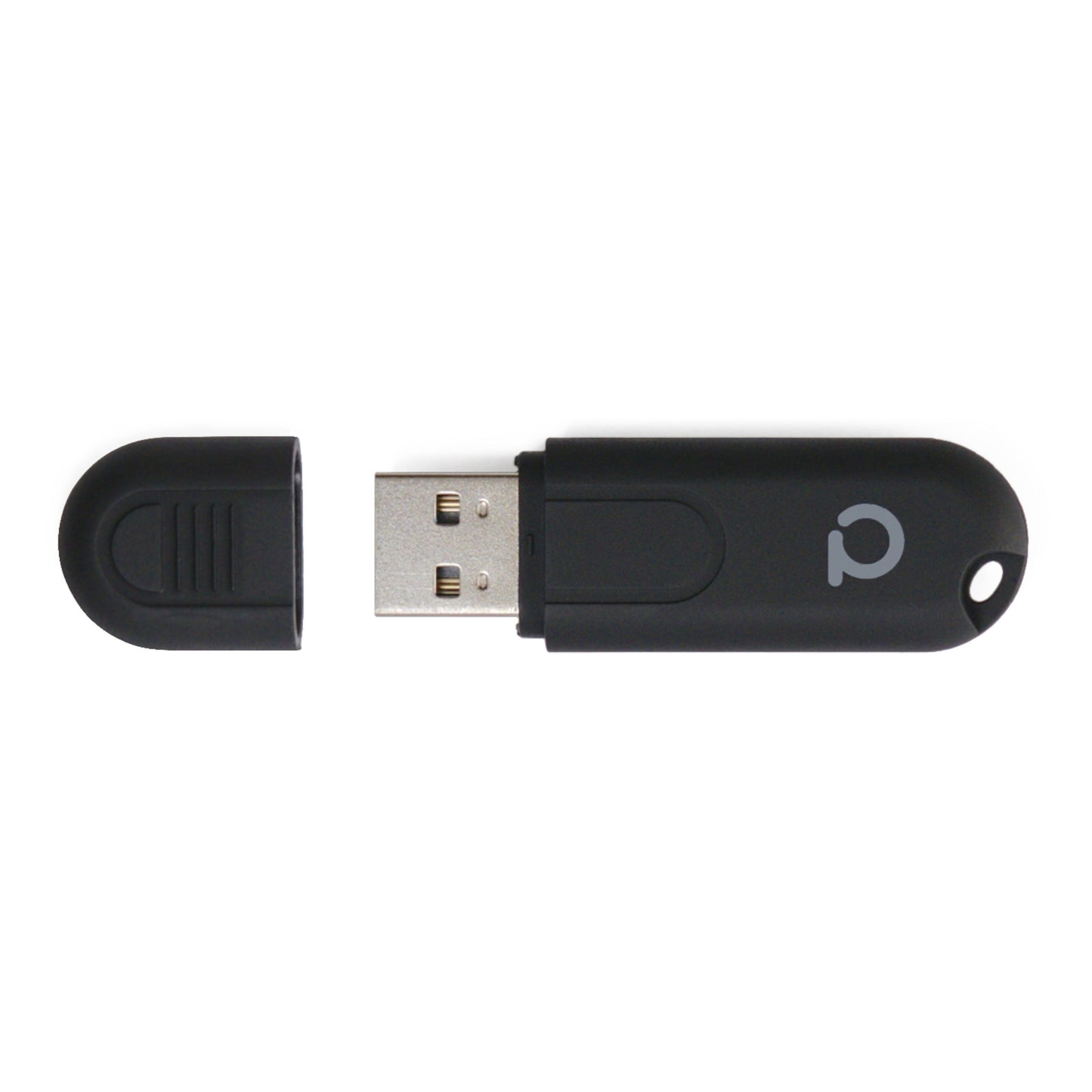 Conbee II Zigbee USB controller sort med aftaget hætte, synlig metalstik, rundt logo på kroppen.