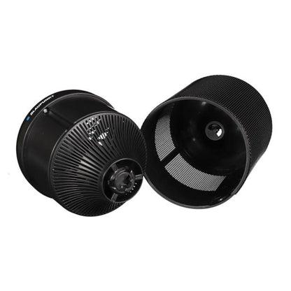 Blaupunkt Insektfangst LED 30 m² UV-lampe ved siden af sort cylindrisk Blaupunkt luftrenserfilter i to åbne sektioner.