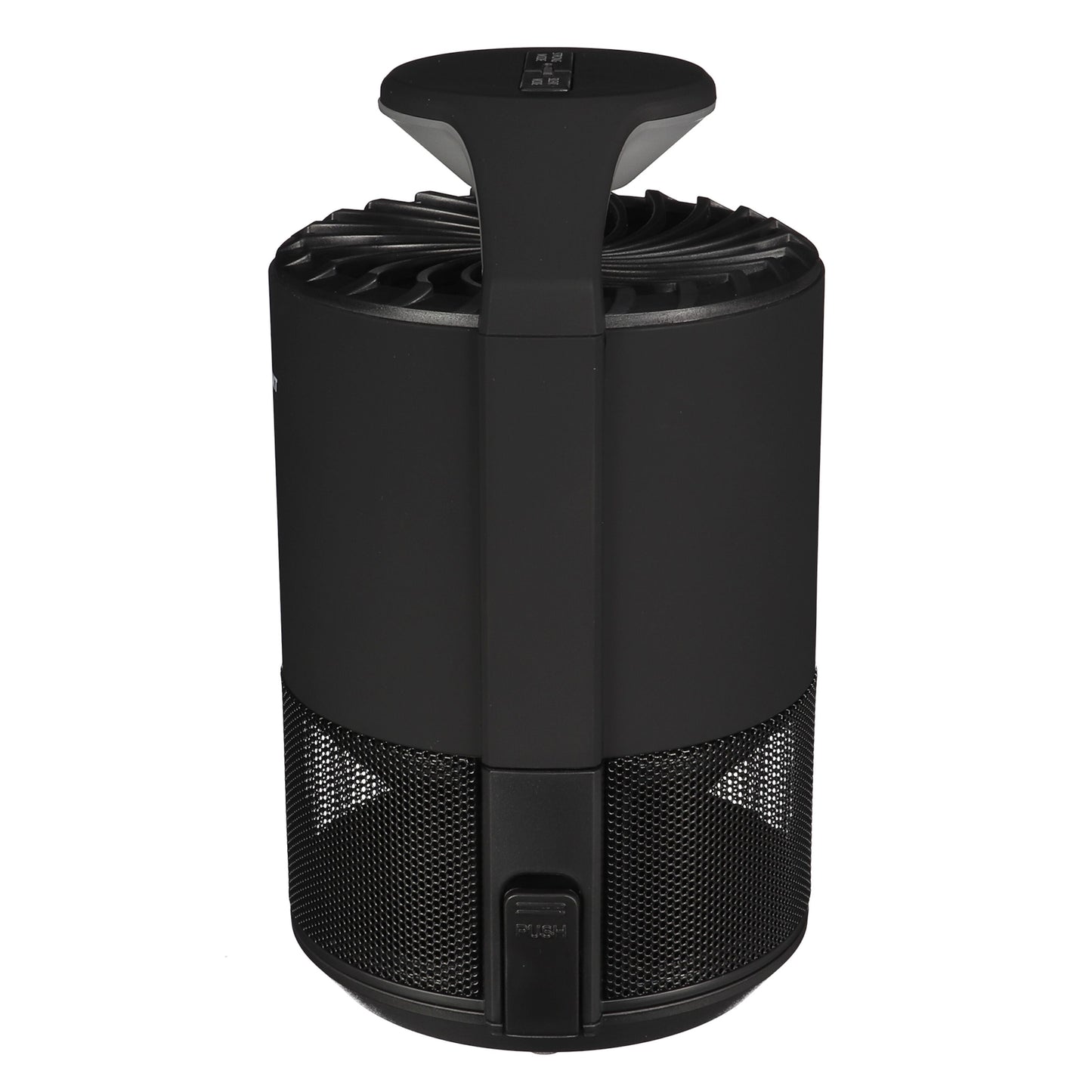 Perel Insektfangst LED 50 m² sort cylinder UV LED ventilator med hank, ventilerede sider og net nær basen.