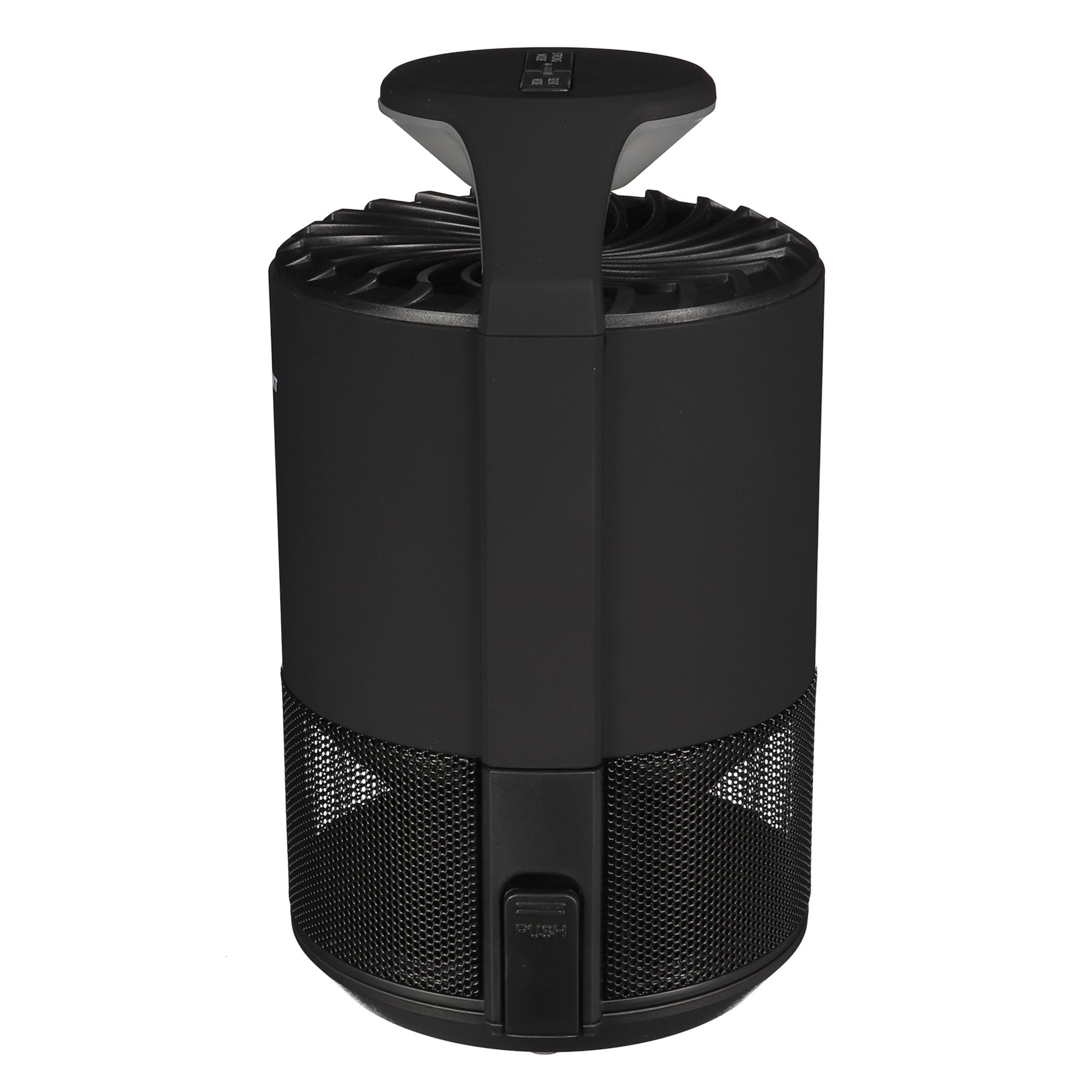 Perel Insektfangst LED 50 m² sort cylinder UV LED ventilator med hank, ventilerede sider og net nær basen.
