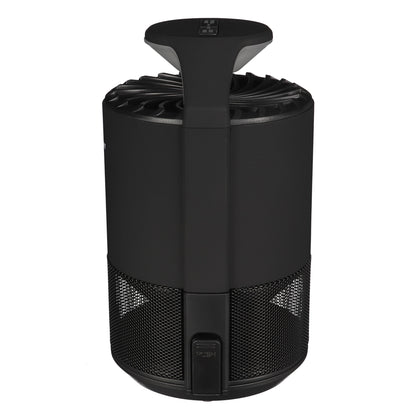 Perel Insektfangst LED 50 m² sort cylinder UV LED ventilator med hank, ventilerede sider og net nær basen.
