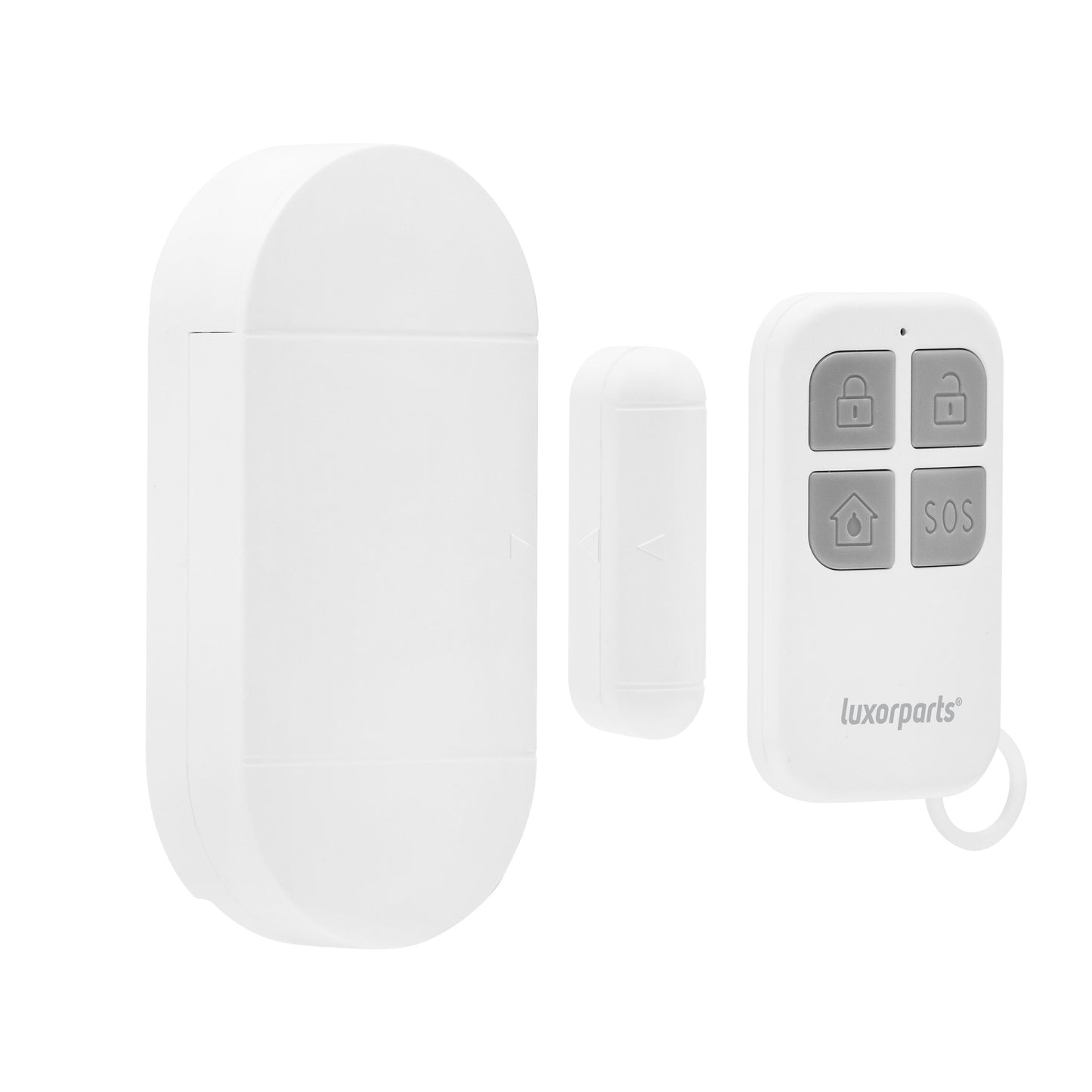 Luxorparts trådløs vindues- og døralarm 4-pak, stor oval sensor, lille rektangulær sensor, fjernbetjening m. SOS-knap.