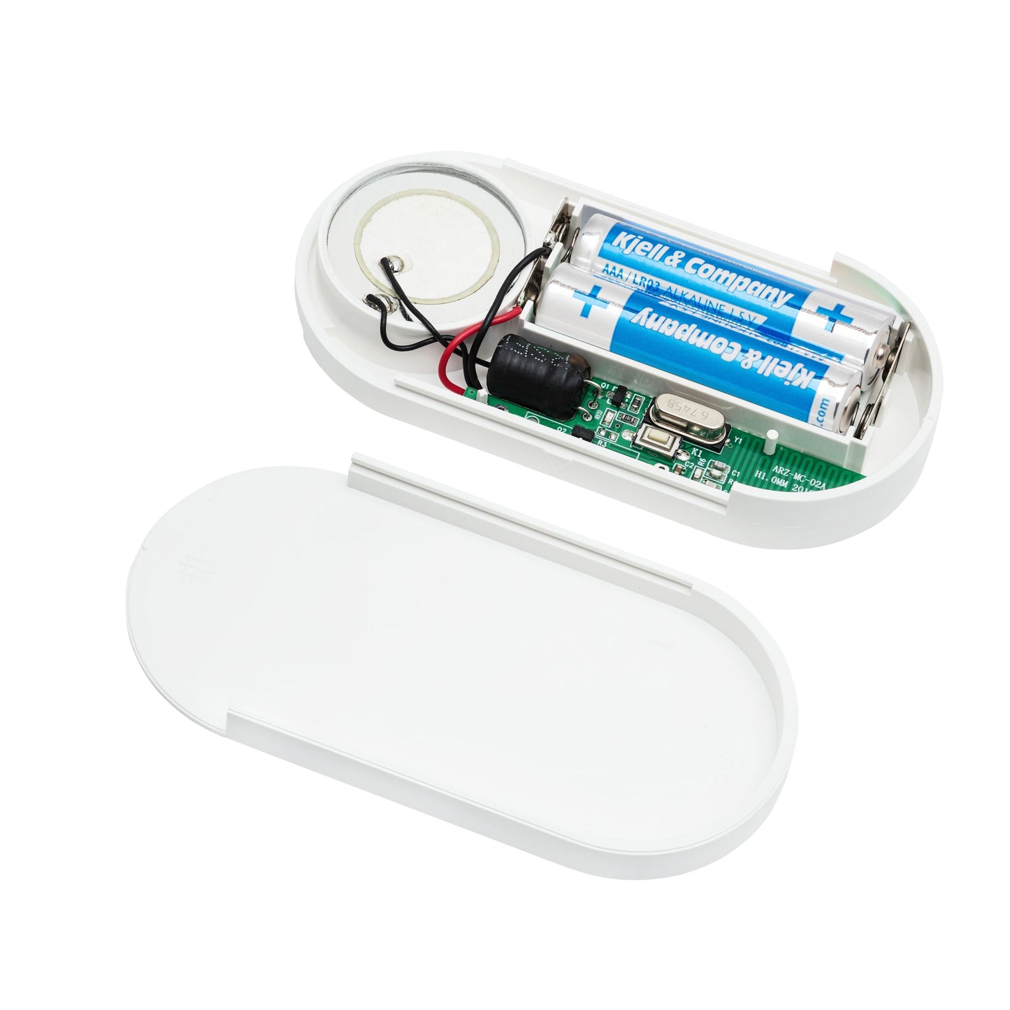 Luxorparts Trådløst vindues- og døralarm 4-pakke, åbnet med to AA-batterier, højtaler, ledninger, printplade, hvidt cover ved siden af.