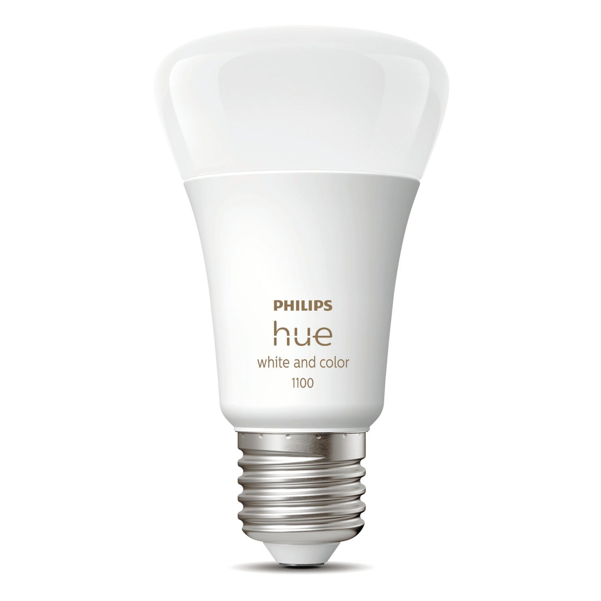 Philips Hue Color Ambiance Smart LED-pære E27 1100 lm standard fatning vises opretstående.