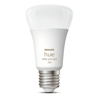 Philips Hue Color Ambiance Smart LED-pære E27 1100 lm standard fatning vises opretstående.