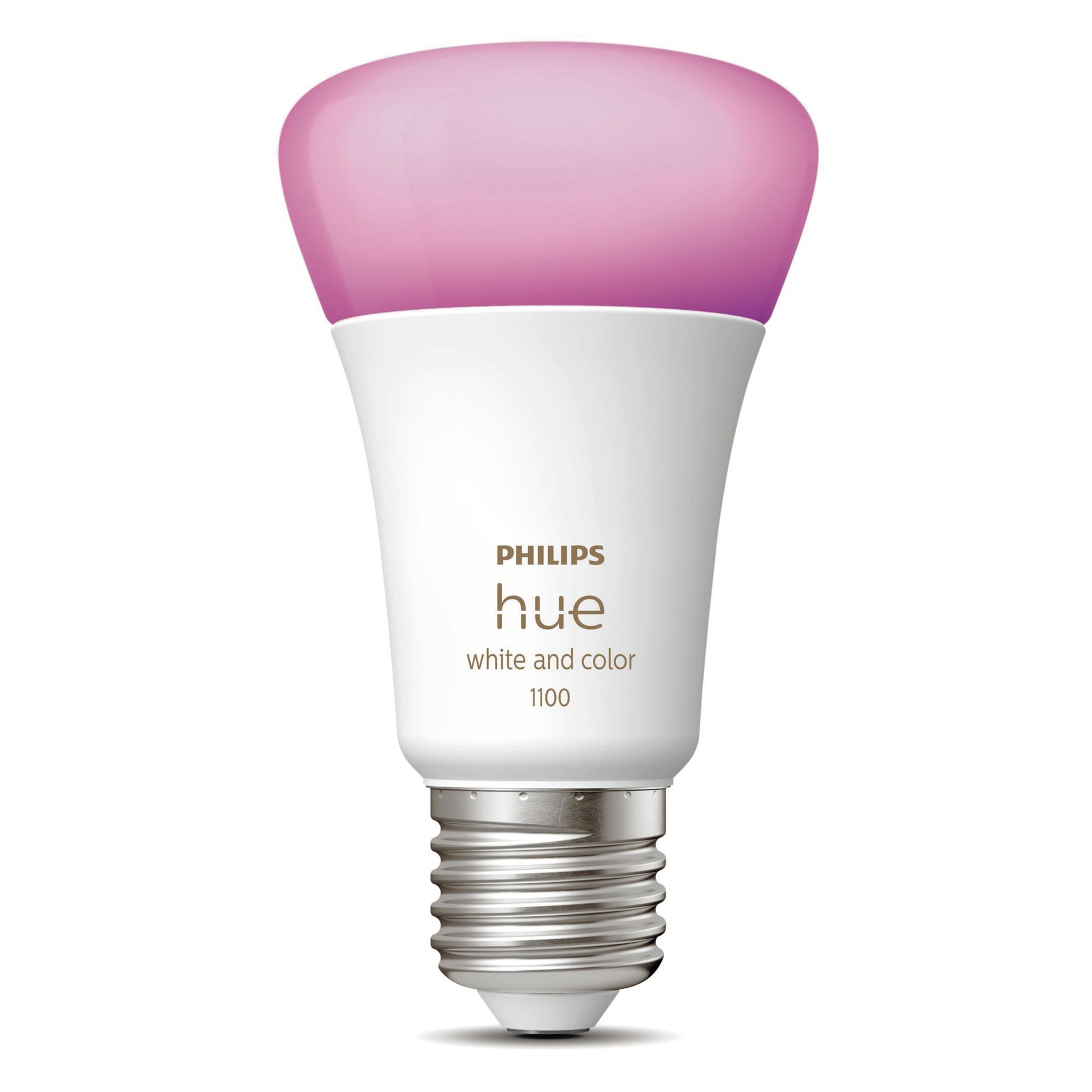 Philips Hue Color Ambiance Smart LED-pære E27 1100 lm med sølv skruefatning, hvidt cylindrisk hus og top med pink lys.