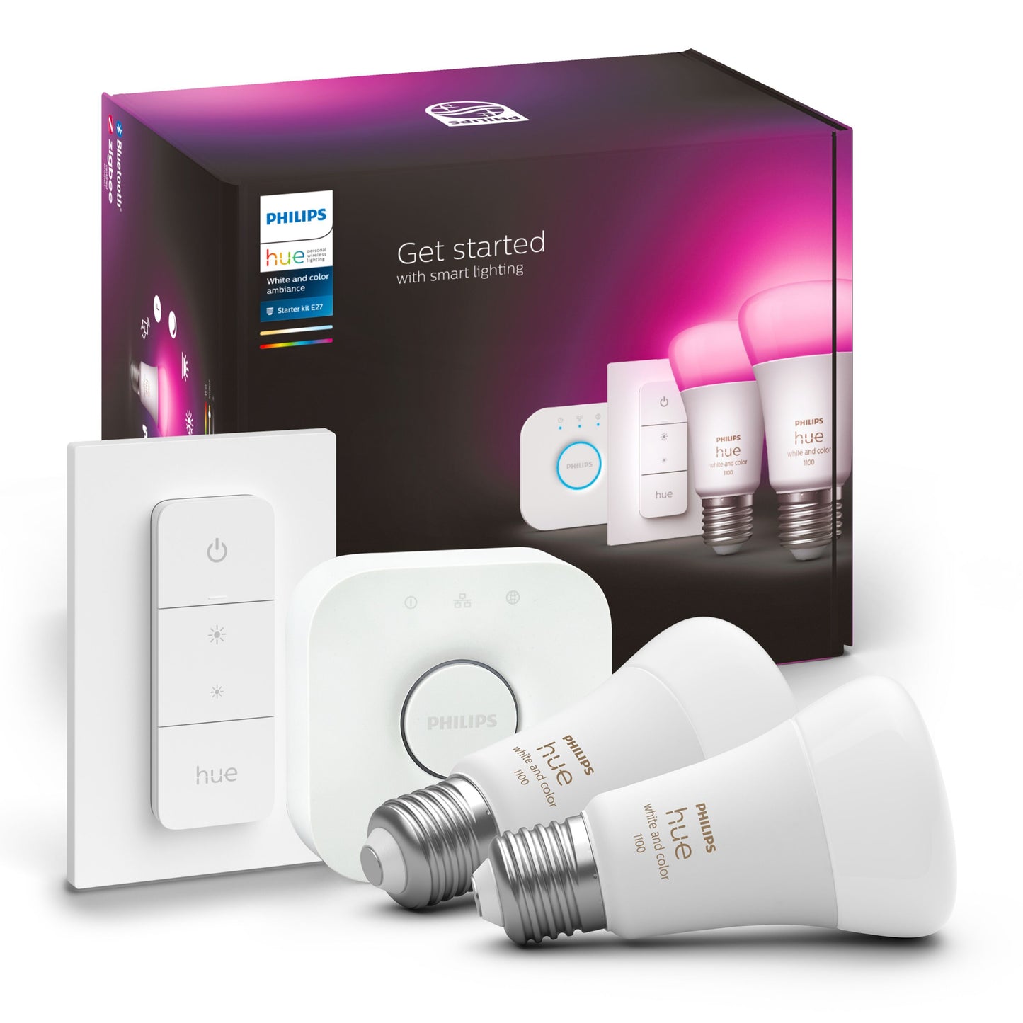 Philips Hue Color Ambiance startpakke med 2 LED-pærer, smart hub og dæmperkontakt.