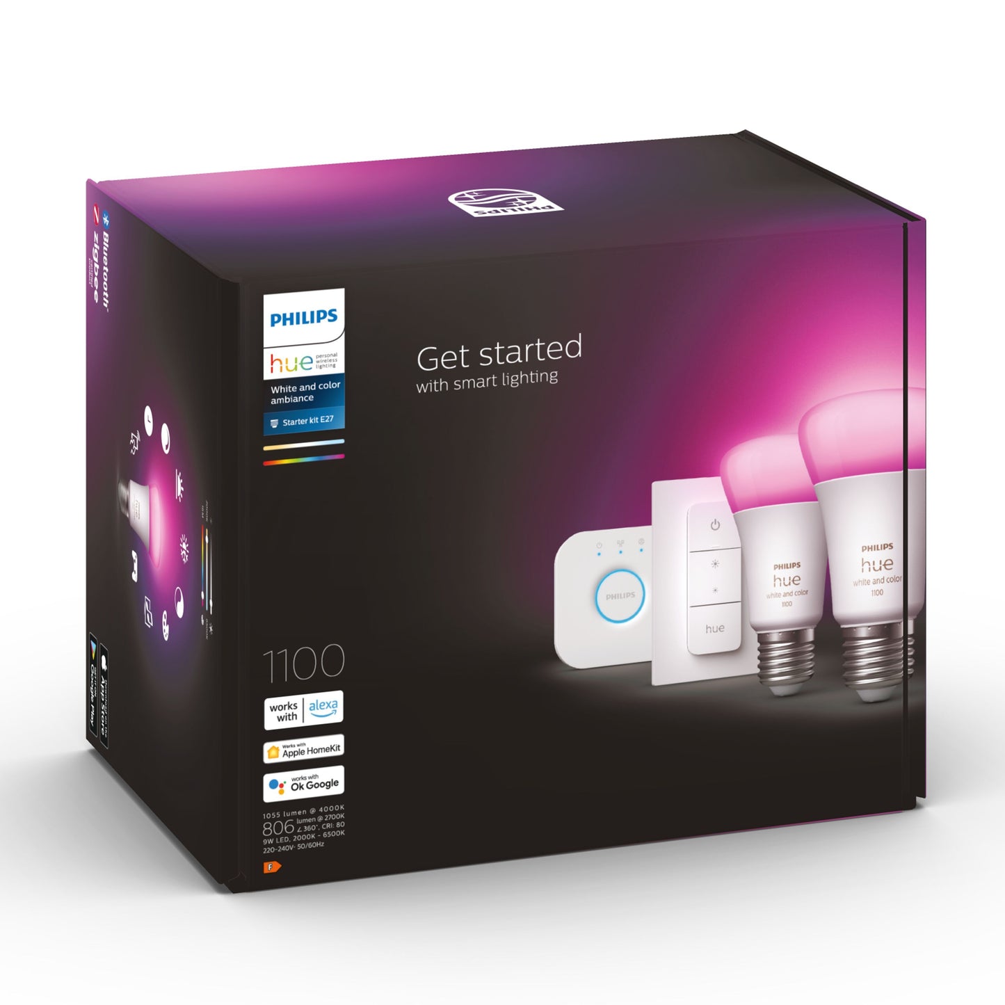 Philips Hue Color Ambiance startpakke æske med 2 LED-pærer, Hue Bridge og lysdæmper, lilla/sort emballage med smart-home ikoner.