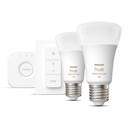 Philips Hue Color Ambiance Startpakke 2 smarte LED-pærer, Hue Bridge, trådløs fjernbetjening.