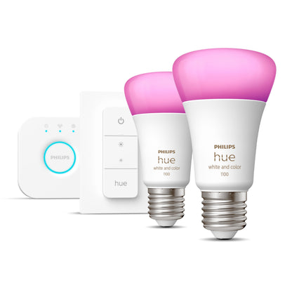 Philips Hue Color Ambiance Startpakke 2 smarte LED-pærer pink lys med Hue Bridge og hvid trådløs dæmper.