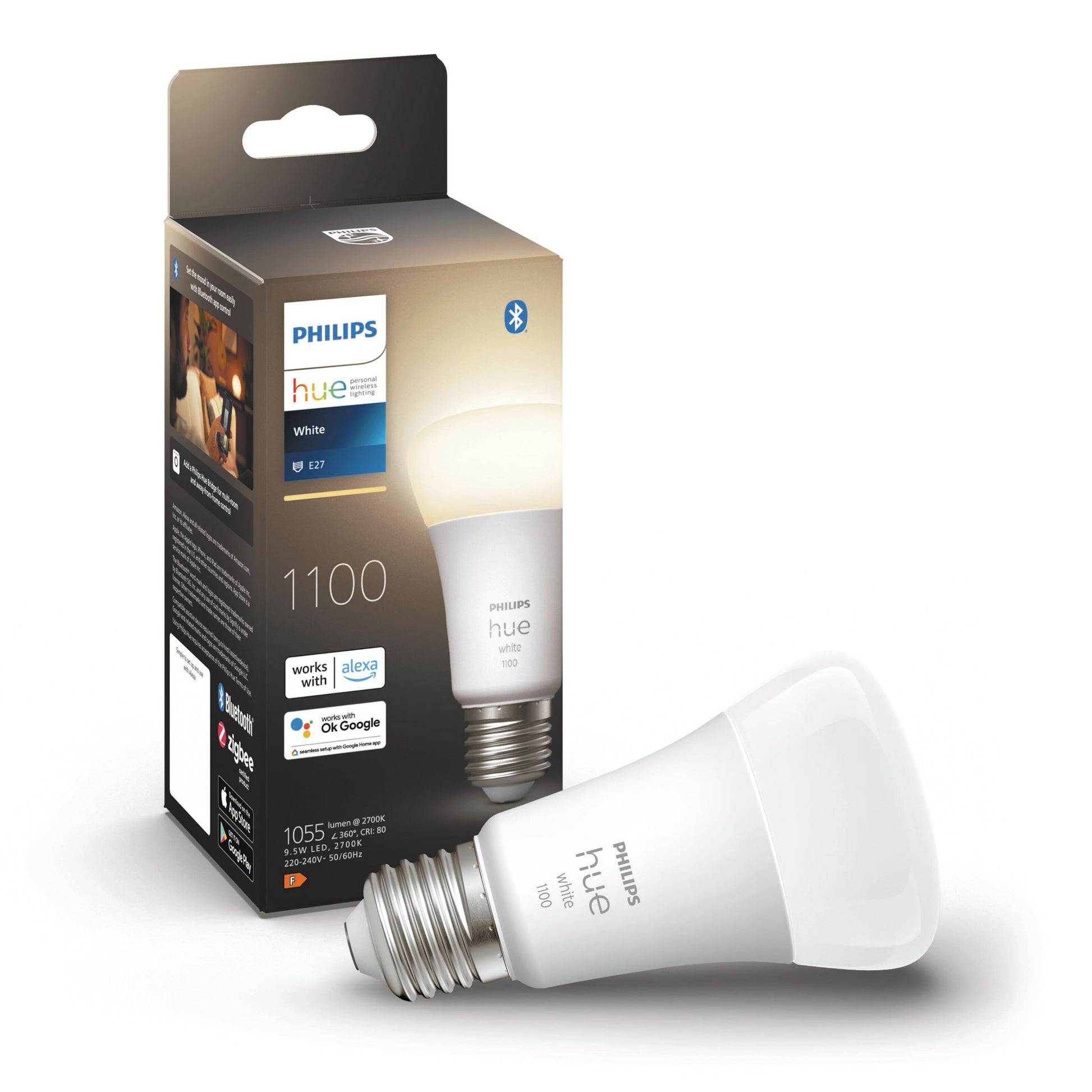 Philips Hue Hvid Smart LED-pære E27 1100 lm 1-pak med E27-fatning, 1100 lumen, Alexa og Google Assistant-logo på emballagen.