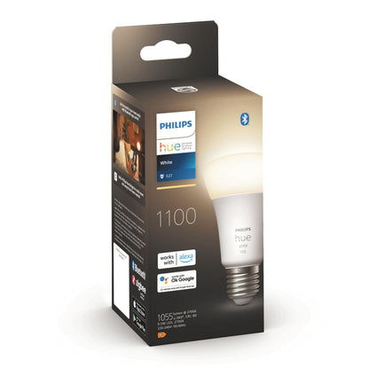 Philips Hue Hvid Smart LED-pære E27 1100 lm 1-pak emballage med Bluetooth, Alexa og Google Assistant logoer og egenskaber.
