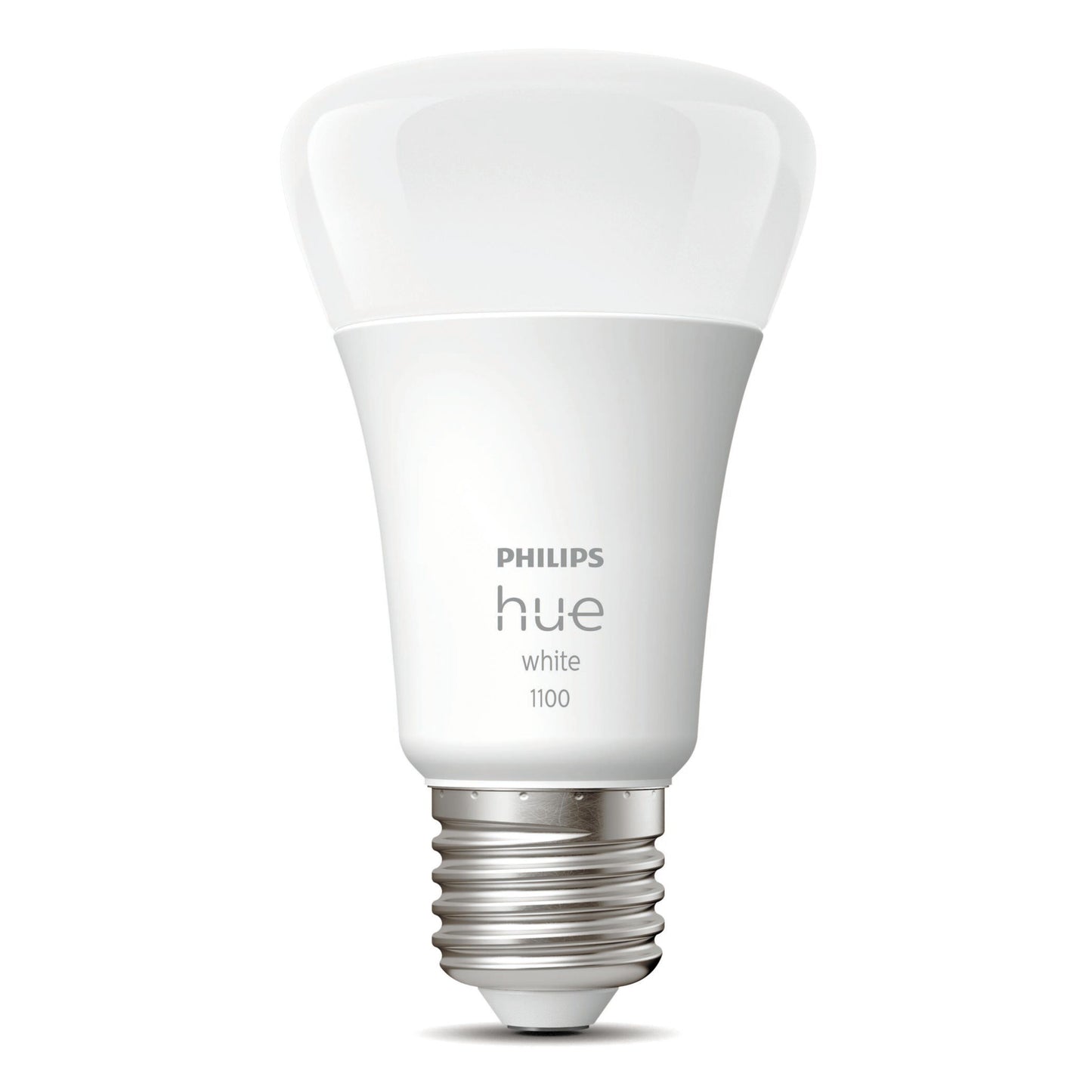 Philips Hue Hvid Smart LED-pære E27 1100 lm 1-pak ses opretstående med skruefatning og Philips Hue-logo.
