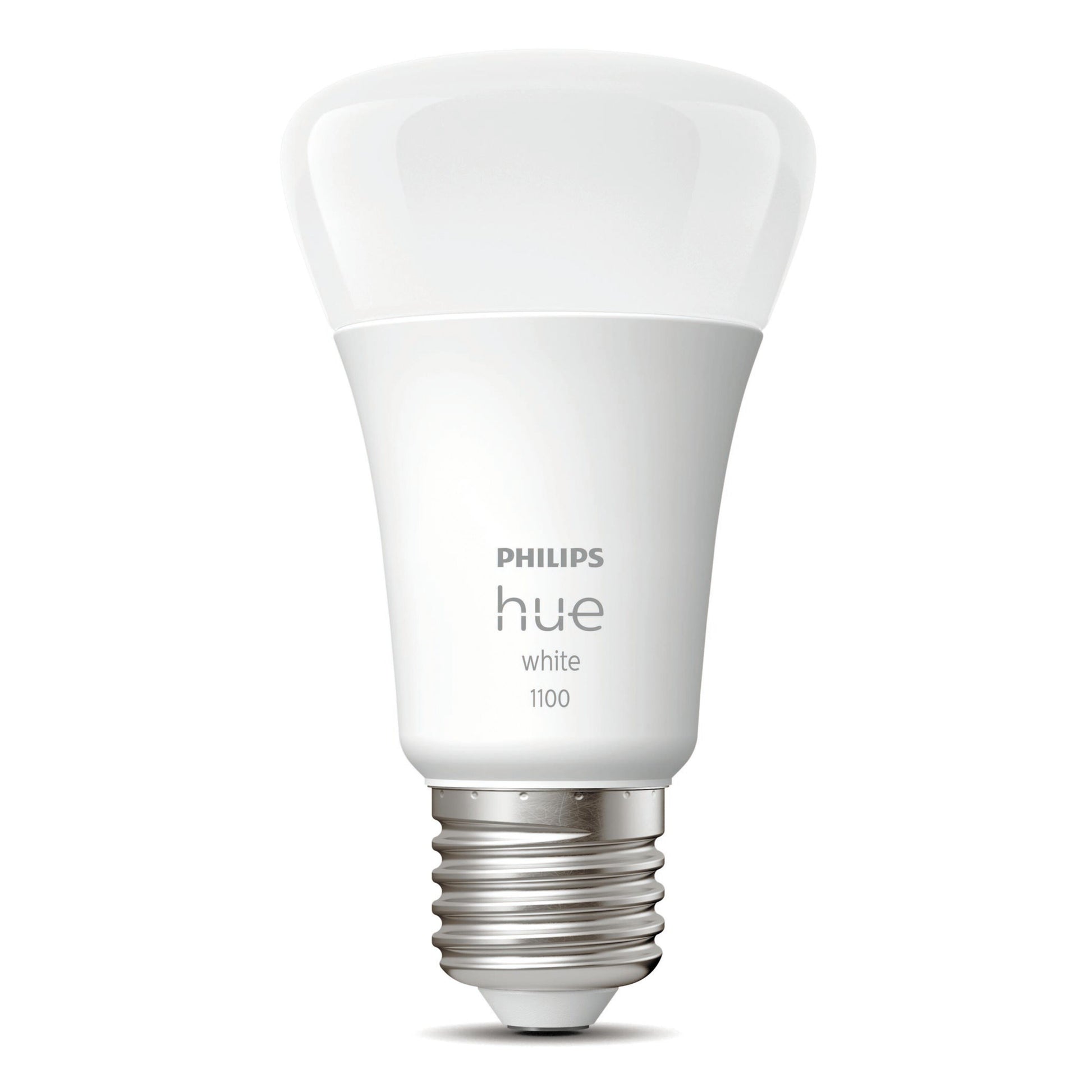 Philips Hue Hvid Smart LED-pære E27 1100 lm 1-pak ses opretstående med skruefatning og Philips Hue-logo.